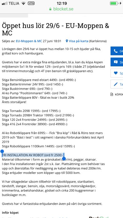 Skärmdump av ett foruminlägg på blocket.se om öppet hus med erbjudanden på trädgårdsutrustning, inklusive robotklippare.