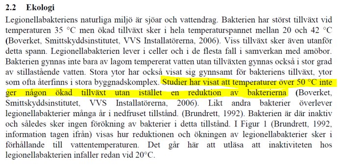 Textdokument som diskuterar legionellabakteriens tillväxt vid olika temperaturer, med markerad text som avser temperaturer över 50 °C.