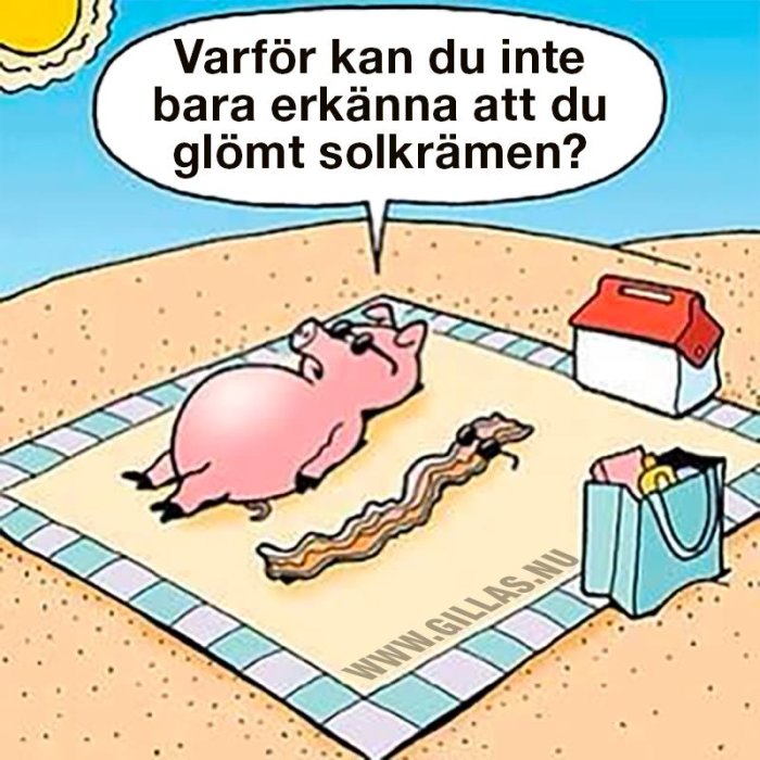 Illustration av ett solbadande spargris intill en smältande baconskiva på stranden, pratbubbla nämner glömd solkräm.