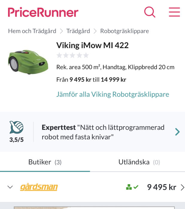 Grön Viking iMow MI 422 robotgräsklippare med prisspann och recension på PriceRunner webbsida.