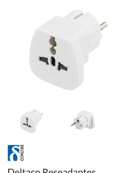 En bild på en vit reseadapter märkt "Deltaco" för olika elektriska uttagstyper, inklusive brittiska och europeiska standarder.