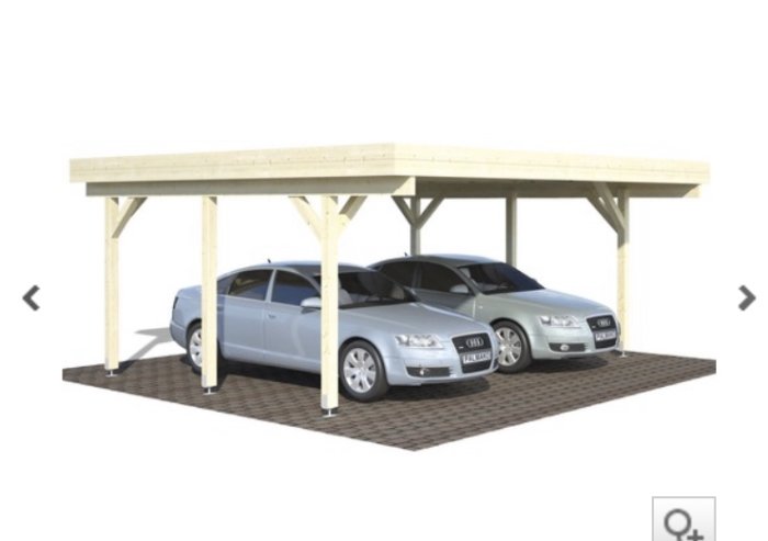 3D-rendering av en fristående carport för två bilar utan stolpar mellan parkeringsplatserna.