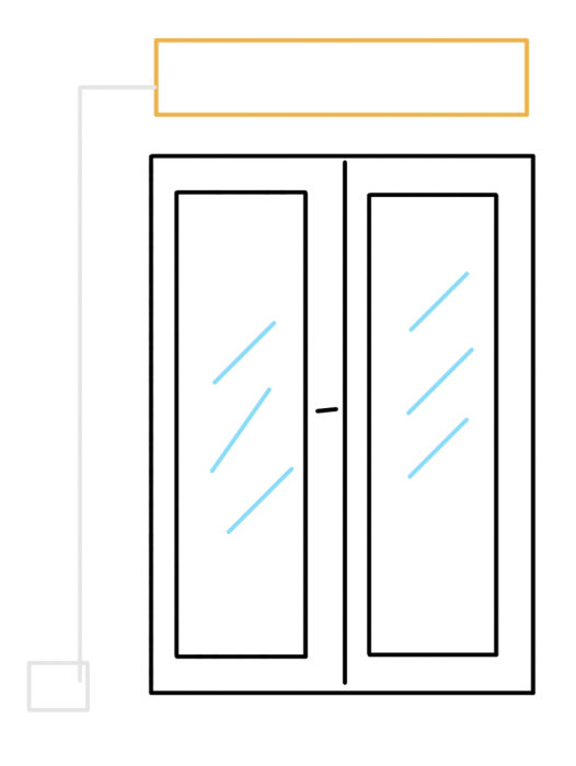 Schematisk illustration av ett fönster med en överliggande gul markisrulle och en grå strömkabel längs sidan.