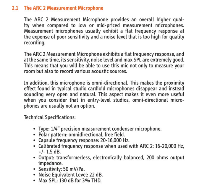 Tekniskt datablad för ARC 2 mätmikrofon med specifikationer och egenskaper.