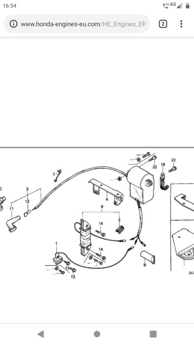 Exploded view diagram of various mechanical parts and components for an engine.