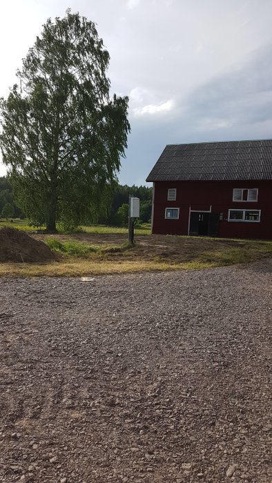 Rödfärgat hus efter trädgårdsarbete, grusväg i förgrunden, jordhögar och rensat område.