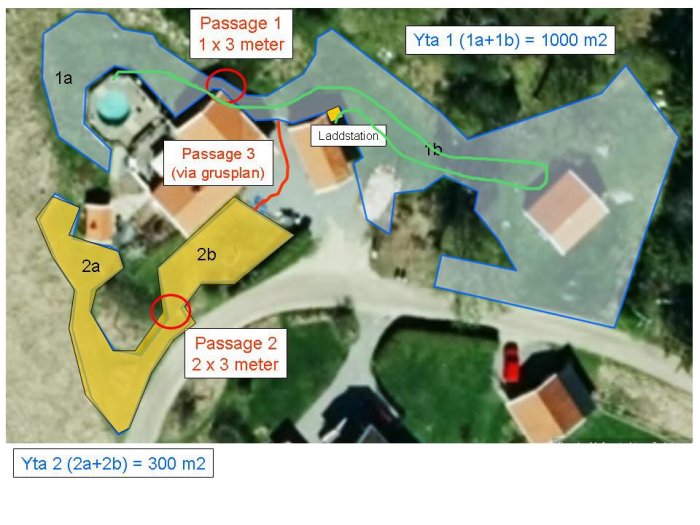 Översiktsbild av tomt med markeringar för planerade guidelinjer och passager för robotgräsklippare med laddstation och ytmätningar.