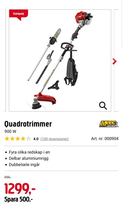 Meec 900W Quadrotrimmer med fyra utbytbara verktyg inklusive trimmer och häcksax.