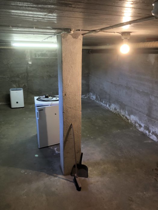 Orenoverad matkällare med nakna betongväggar och -tak, tomma hyllplatser och en spade.