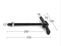 Svartvit bild av en M12 gängstav med dimensioner markerade, avsedd för montering av stolpe i L-stöd.