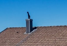 Skorsten med en vindflöjel mot en blå himmel ovanpå ett tegeltak.