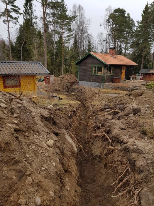 Grävning för VA vid fritidshus under tillbyggnad omgiven av skog och jordhögar.