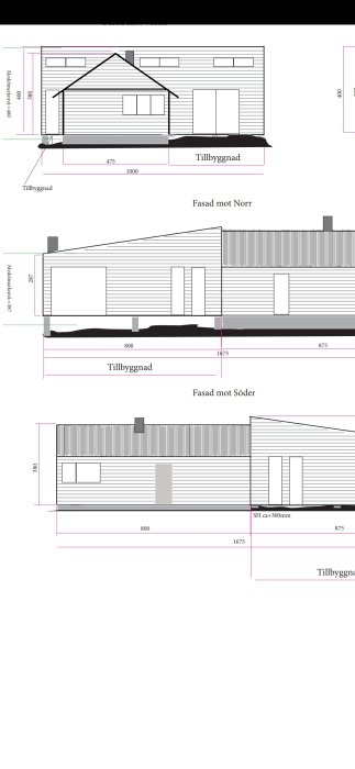 Arkitektritningar av husfasader med mått för tillbyggnad i Norrtälje.