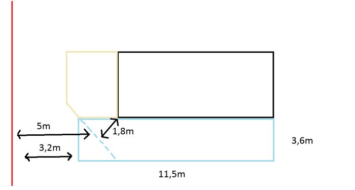 Skiss av trallutbyggnad med måttangivelser och planlagd expansion runt husets hörn.