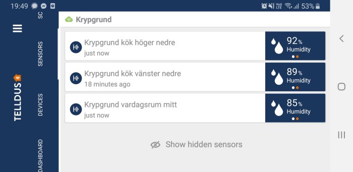Skärmdump av Telldus-app med sensorvärden för luftfuktighet i olika delar av ett hus.
