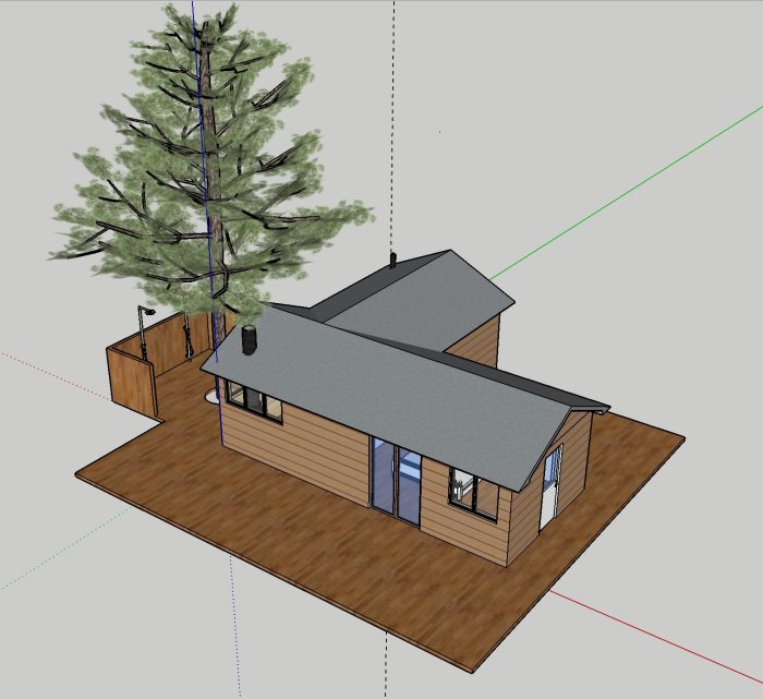 3D-modell av en planerad L-formad strandstuga med bastu, omklädningsrum, toalett och gästrum, belägen i skogsmark.