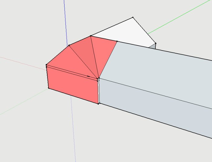 Enkelt 3D-skelett av en husutbyggnad med fokus på ett rött takavsnitt.