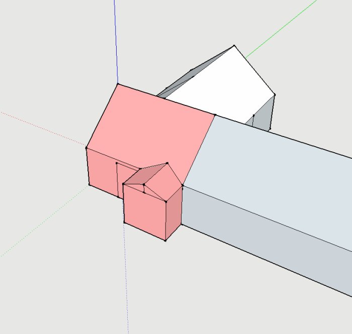 Skiss i 3D av ett hus med en potentiell utbyggnad i kontrasterande färg som illustrerar en förlängning.