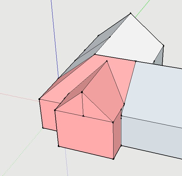 3D-skiss av en husutbyggnad med rosa volymer som visar förlängning mot en grå huvudbyggnad.