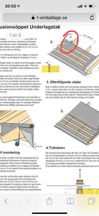 Illustration av montageinstruktioner för underlagstak med markeringar och måttangivelser.