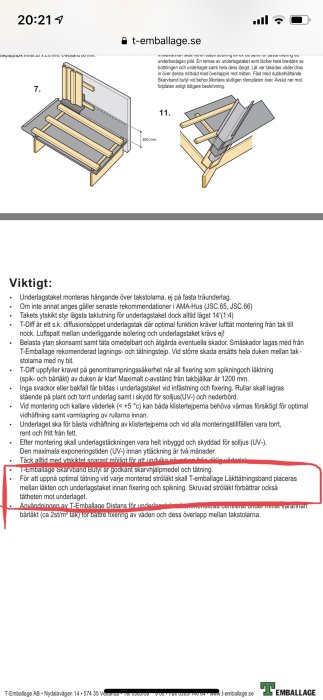 Två illustrationer av montageanvisningar för tak, visar steg 7 och 11 för montering av underlagsstruktur.