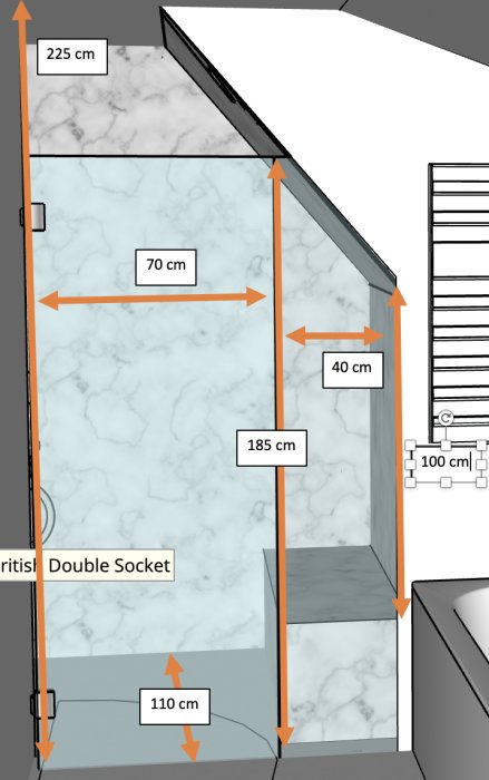 Illustration av en planerad duschplats under ett snedtak med måttangivelser.