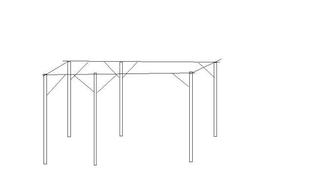 Enkel tegning av pergola-stolper på plinter med tverrliggende hammarband. Struktur for fremtidig vedbod, redskapsbod og sykkelskur.