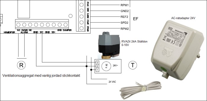 Schematisk bild av ventilationsanläggning med ställdon och AC-nätadapter för 24V inklusive anslutningsdetaljer.