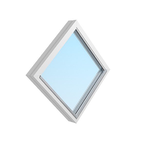 Diagonalt placerat fönster med enkel vit karm och klart glas utan synliga spröjs.