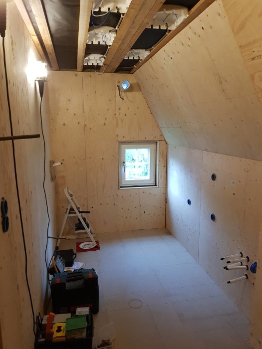 Badrum under renovering med plywoodväggar, utsågade hål för installationer och en stege.