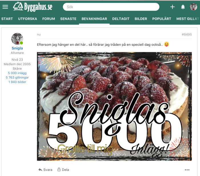 En tårta dekorerad med jordgubbar och texten "Sniglas 5.0 Grattis till mig Hilars!" firar en speciell dag.