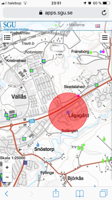 Skärmdump av karttjänst med en markerad röd cirkel vid området Lagågard för att visa byggprojektets plats.