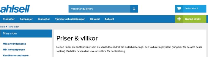 Skärmbild av Ahlsells hemsida med fokus på menyn "Mina sidor" och sektionen "Priser & villkor".