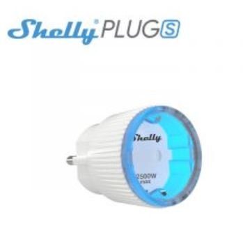 Shelly Plug S smartplugg med blå detaljer och 2500W kapacitet, används för att mäta och styra elförbrukning.