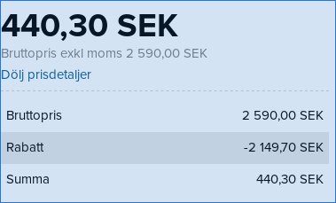 Prisdetaljer för byggmaterial med bruttopris, rabatt och slutsumma på 440,30 SEK.