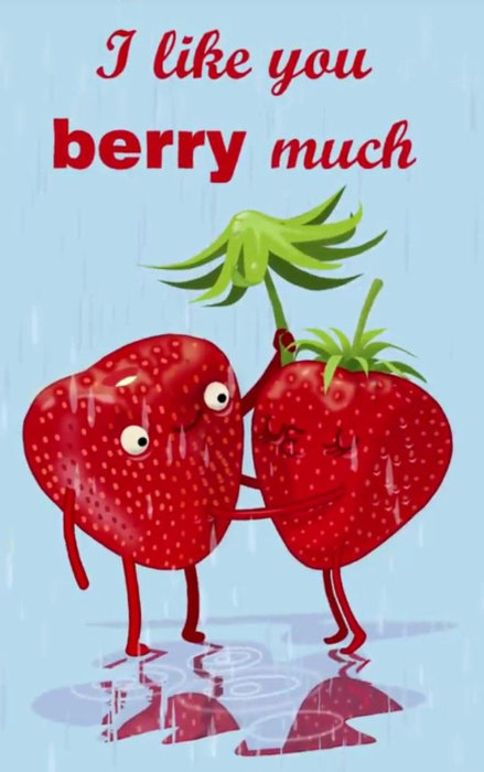 Två tecknade jordgubbar med ögon och ben som håller varandra i händerna och texten "I like you berry much" ovanför.