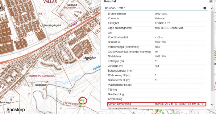 Skärmdump av kartvy och databasinformation om en brunnsposition med tekniska detaljer.