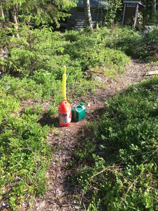 En röd bränsledunk och en grön dunk i solbelyst terräng med skogsbakgrund, båda med påfyllningsslang.