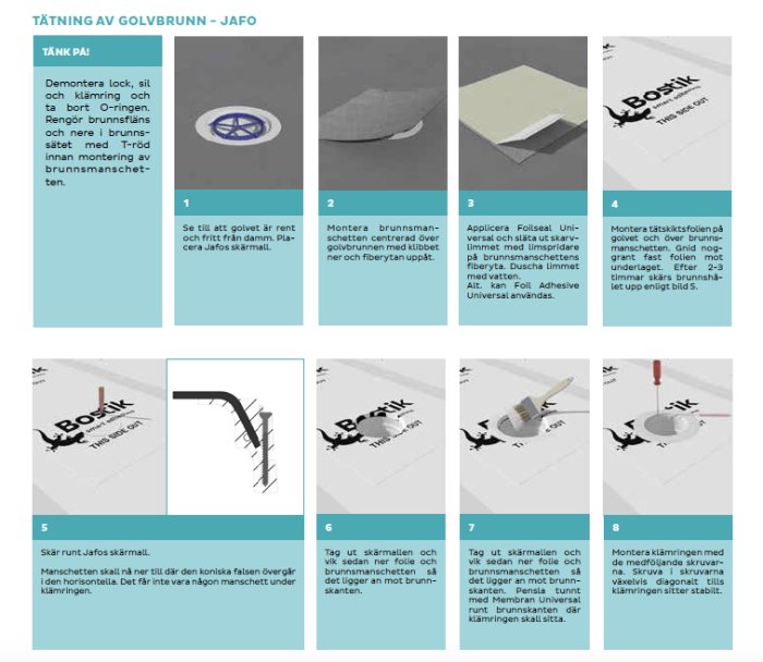 Instruktionsbilder från manual för installation av tätskikt, inklusive stegvis illustration och textbeskrivningar.