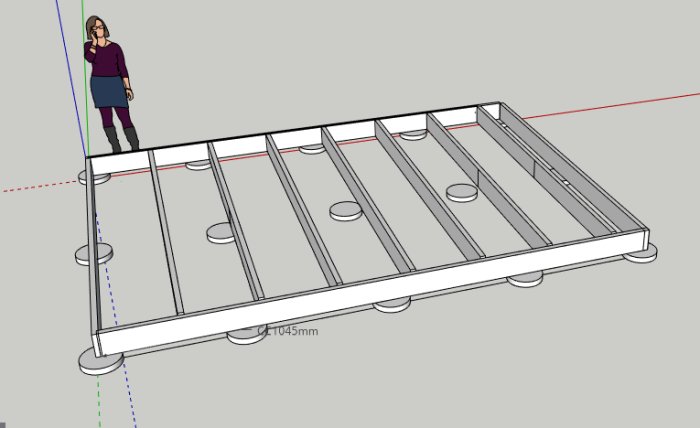3D-skiss av friggebods bjälklag utan bärlina, med plintrader och en person för skala.