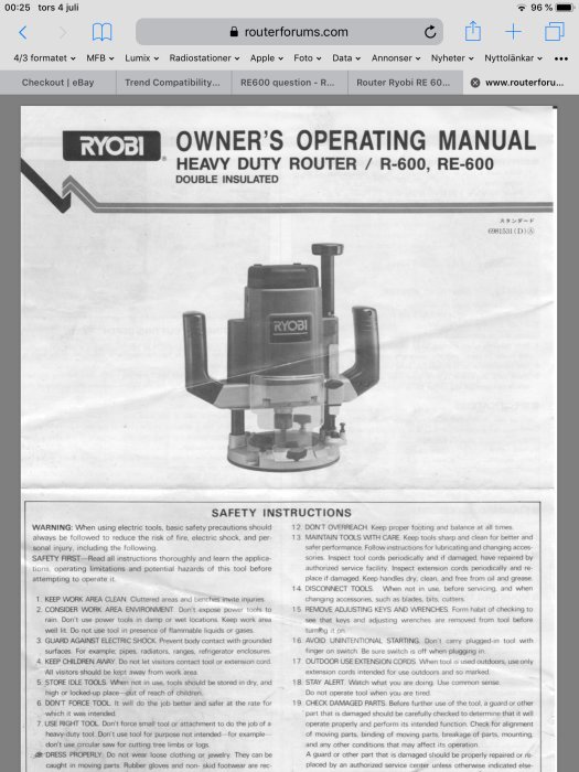 Skärmdump av Ryobi R-600/RE-600 fräsens manual visas på en enhetsskärm.