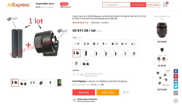 Spännhylsor i 1/4" och 1/2" för fräsar, visas på AliExpress-produktsida.