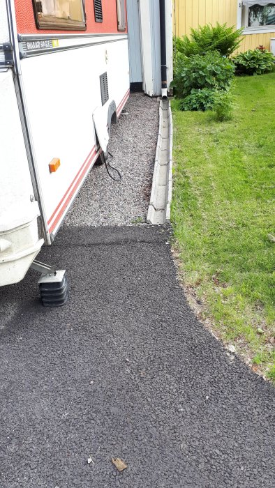 Hörnet av en husvagn parkerad på grus nära gräsmatta och en stupränna lutande mot en husvägg.