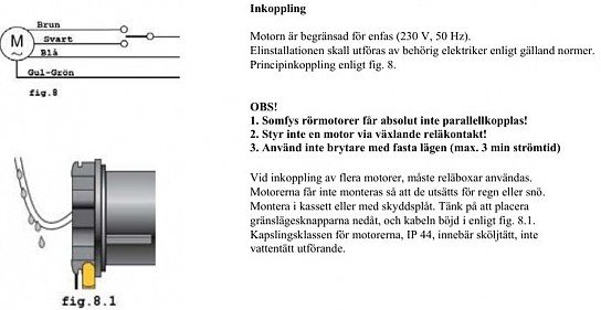 Schematisk illustration av motorstyrningskoppling, inkluderar anslutningsdetaljer och varningar.