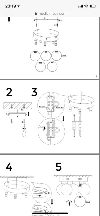 Instruktionsdiagram för att installera en lampa med steg-för-steg-montering till takets ljuskontakt och krok.