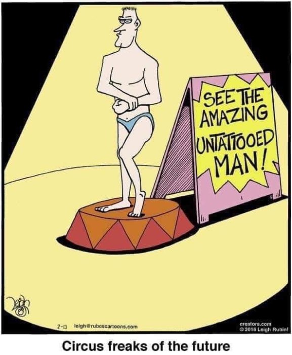Tecknad bild av en otatuerad man på en cirkuspiedestal med skylt: "See the Amazing Untattooed Man!