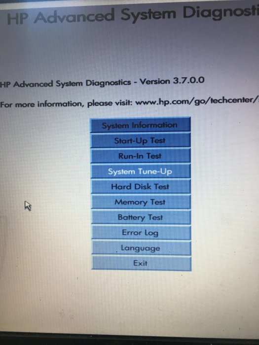 HP Advanced System Diagnostics-skärm med olika systemtestalternativ.