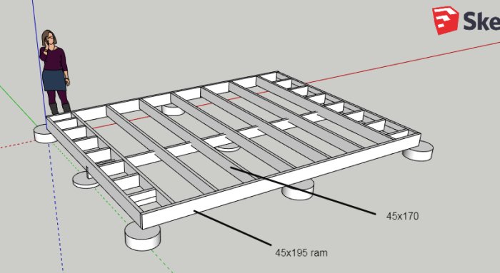 3D-ritning av en bottenram för en bod med dimensionerna angivna och färre plintar, bredvid en illustrerad person.