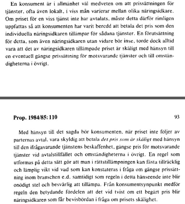 En skärmdump av propositionstext relaterad till gängse pris och bedömning av prisets skälighet på regionalmarknaden.