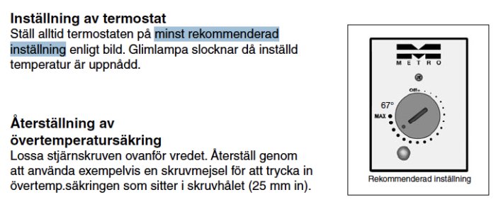 Screenshot av en del av en manual för termostatinställning med rekommenderad position markerad och Metro Therm logotyp.